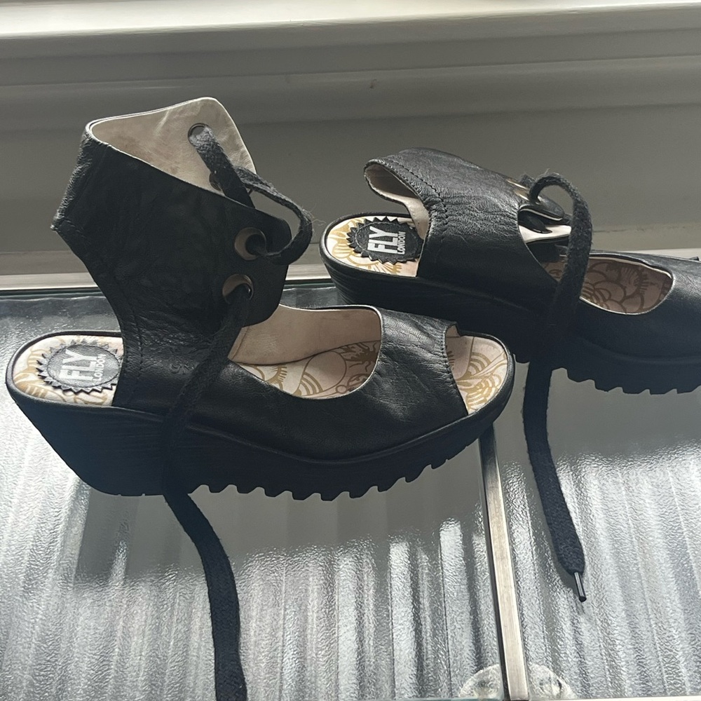 Black Lace-Up Platform Fly London Sandals